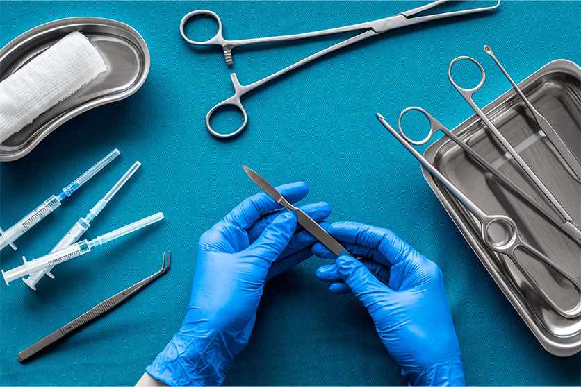 The image shows surgical instruments, including one held by gloved hands. This image is intended to represent potential surgical errors and medical malpractice.